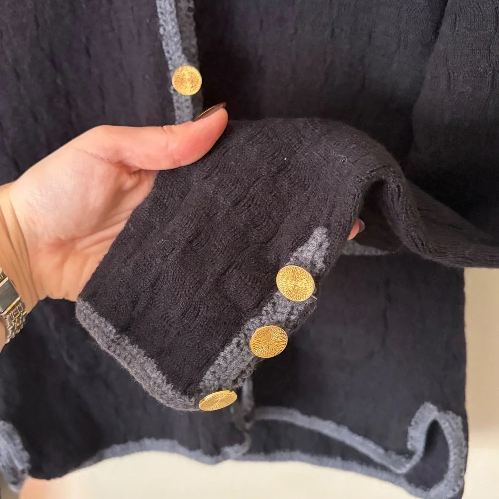 TRINA TURK Black Knit 100%‎ Wool Cardigan Blazer Gold Button Pockets Size S